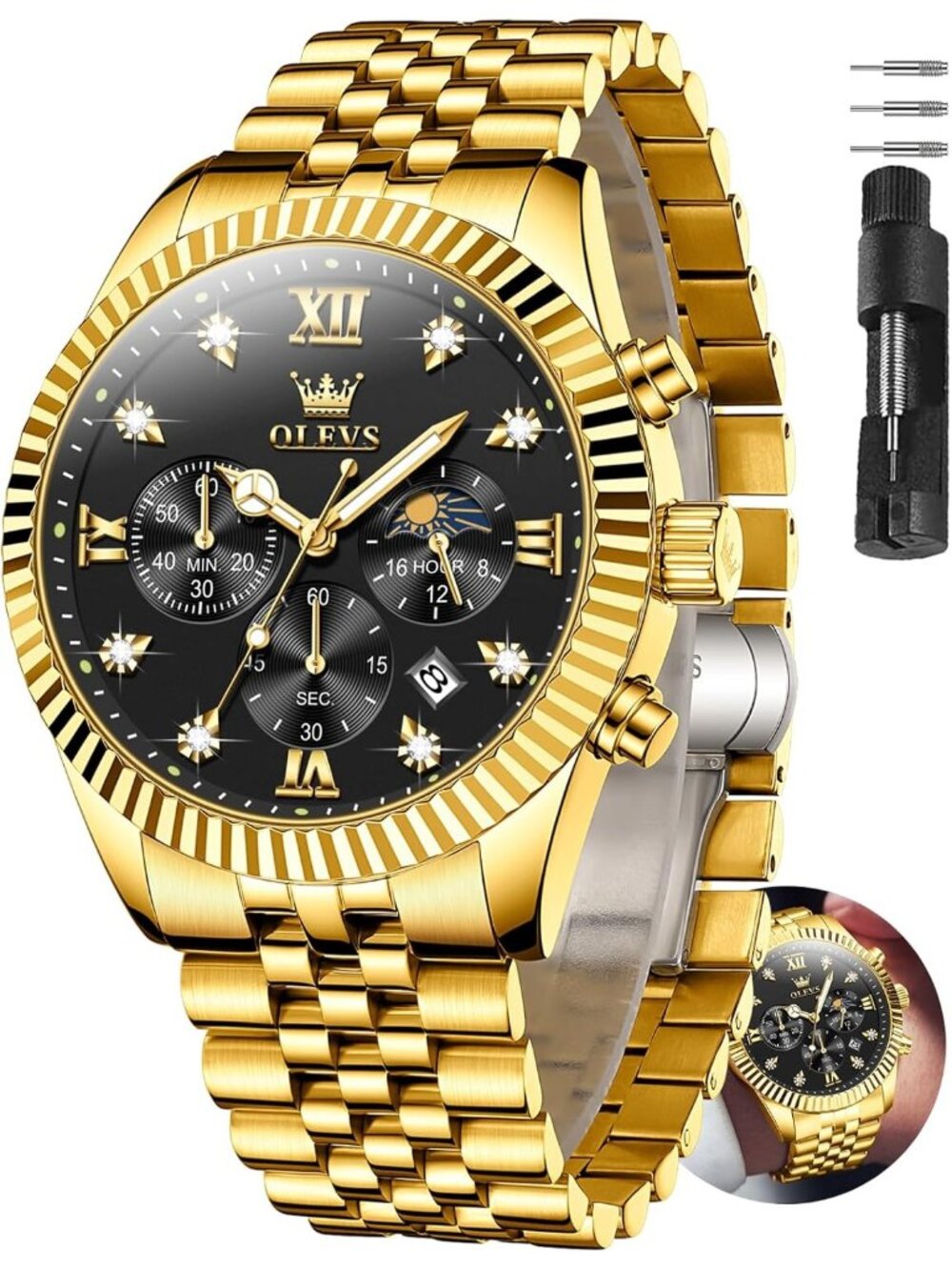 Men's Black Gold Diamond Stainless Steel Waterproof Roman Numbers Classic Watch